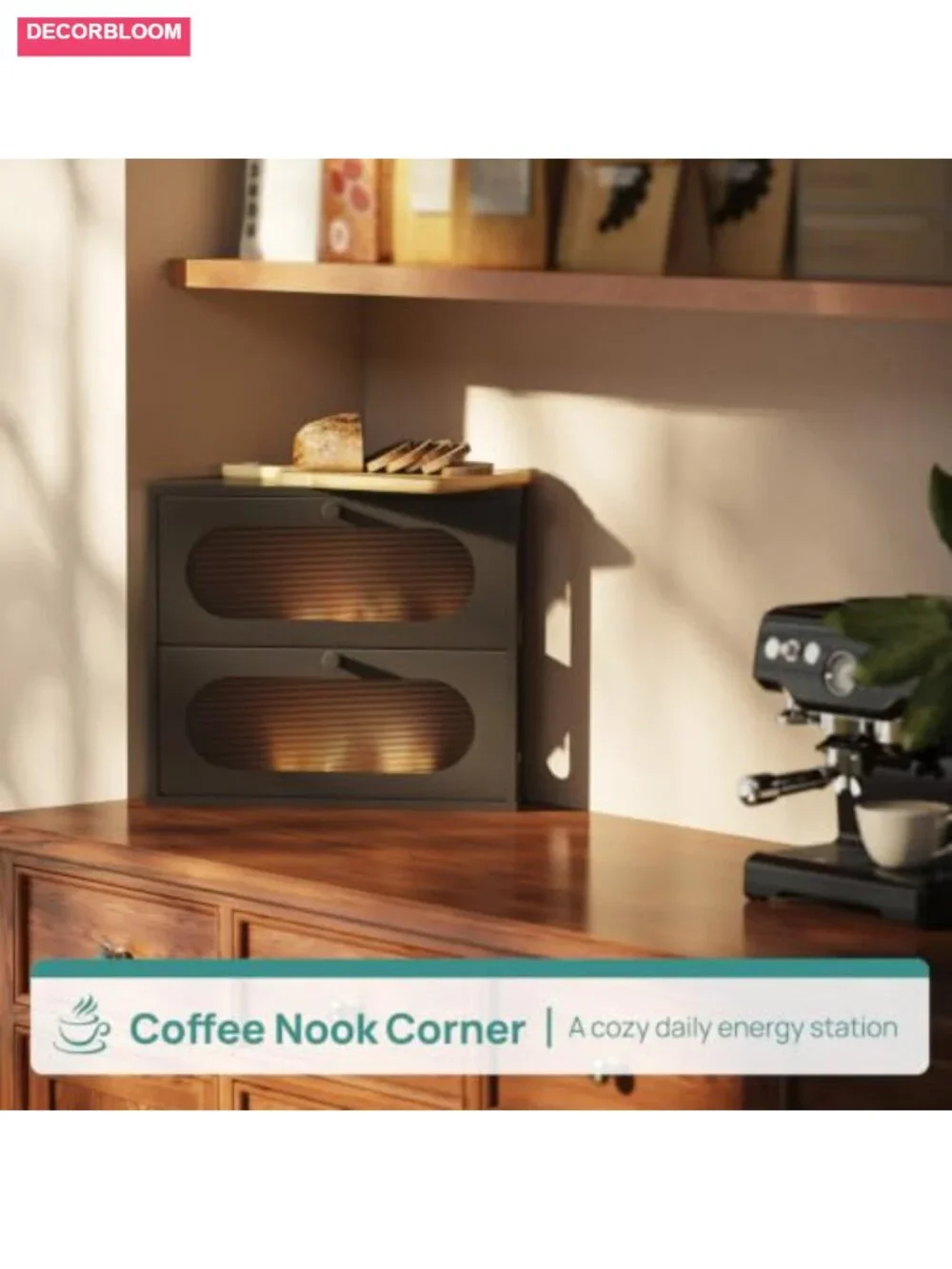 Bamboo Corner Bread Box with Acrylic Door, Large Dual-Tier Kitchen Storage